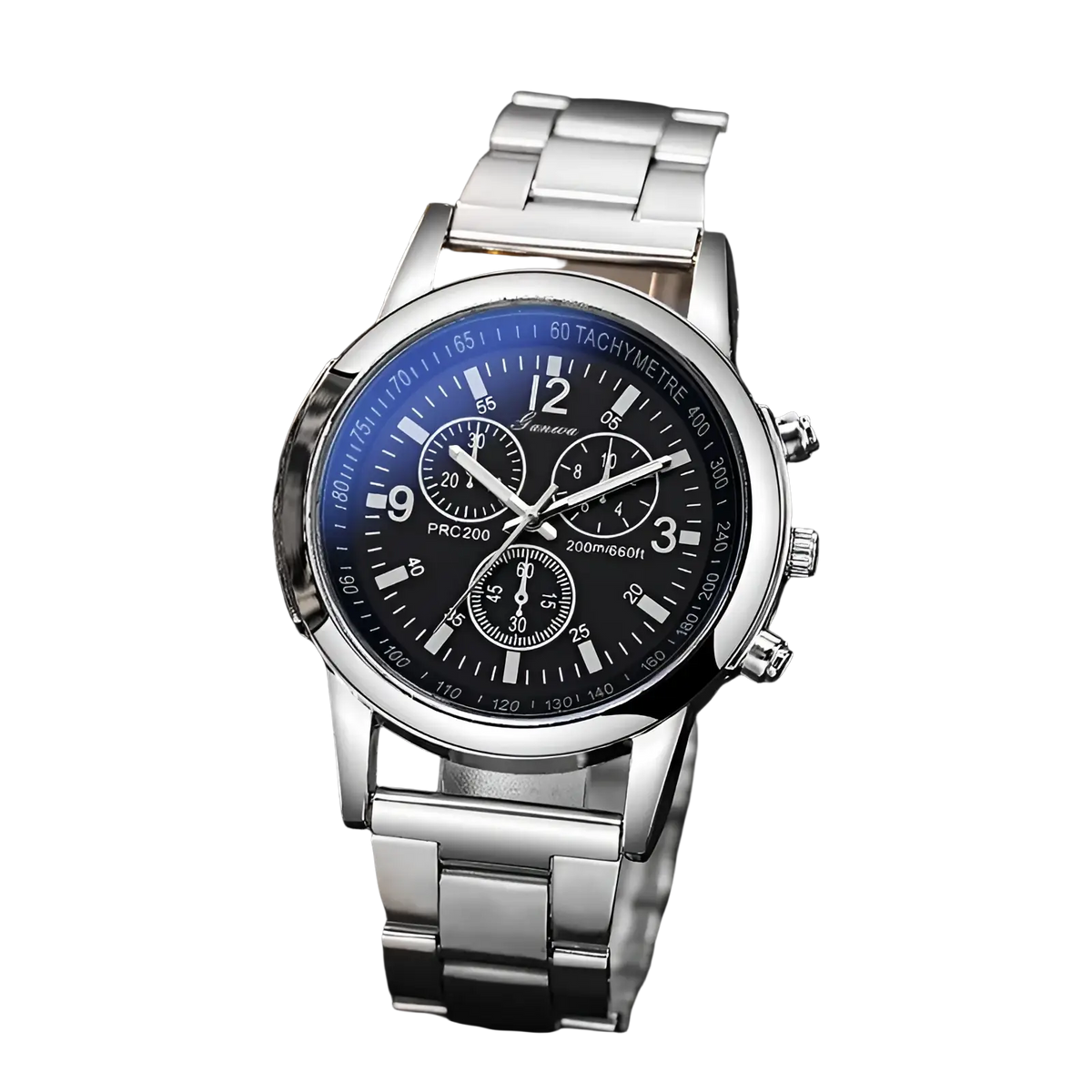 Silver stainless steel quartz chronograph watch with a blue dial black subdials and a silver-toned bracelet