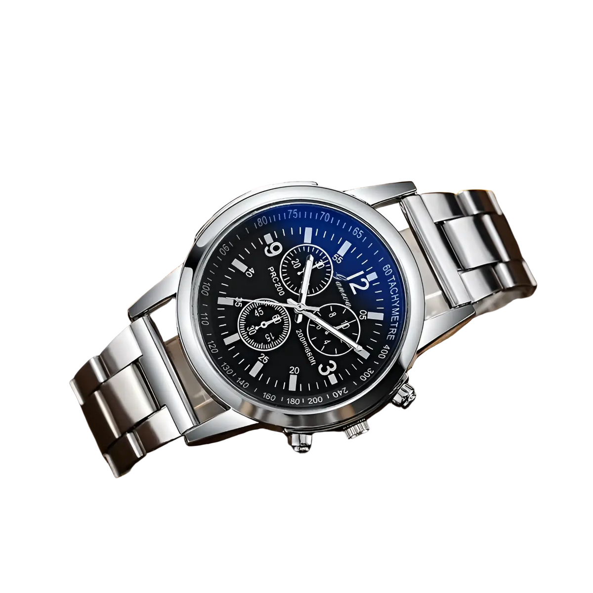 Silver stainless steel quartz chronograph watch with black dial, blue accents, white numerals, and paco20 bezel