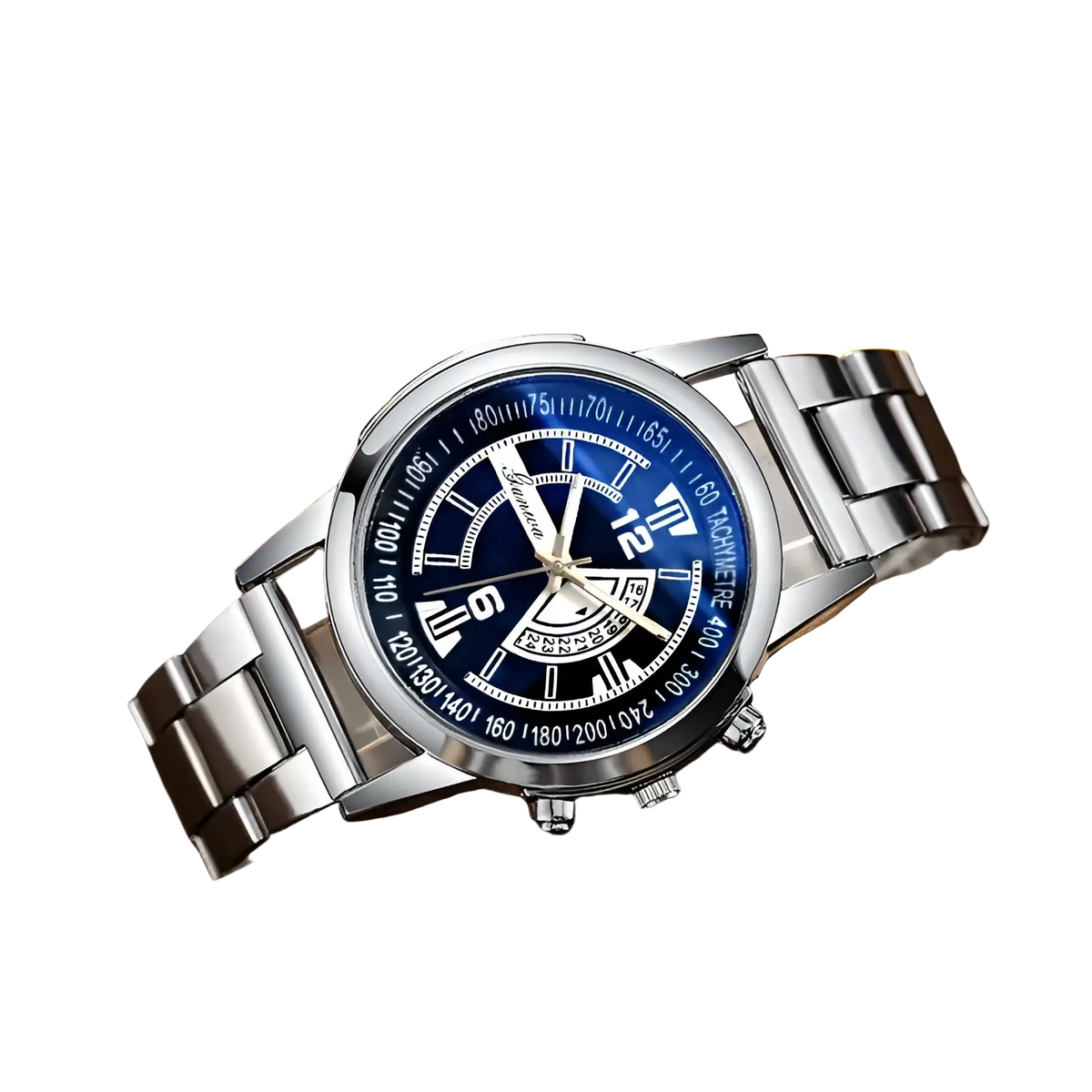 Silver stainless steel quartz chronograph watch with a deep blue dial, white markings, roman numerals, and three sub-dials