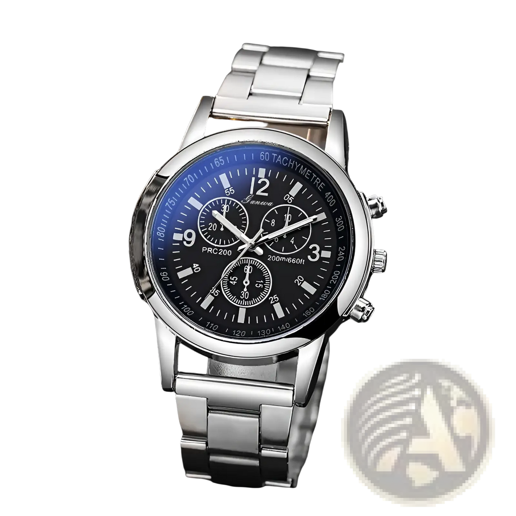 Silver stainless steel quartz chronograph watch with a blue dial black subdials and a silver-toned bracelet