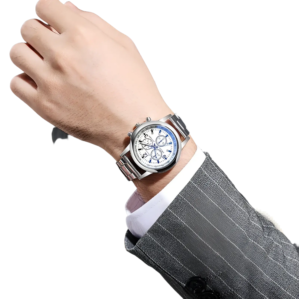 Silver stainless steel quartz chronograph watch with a white dial, blue bezel accents, and link bracelet