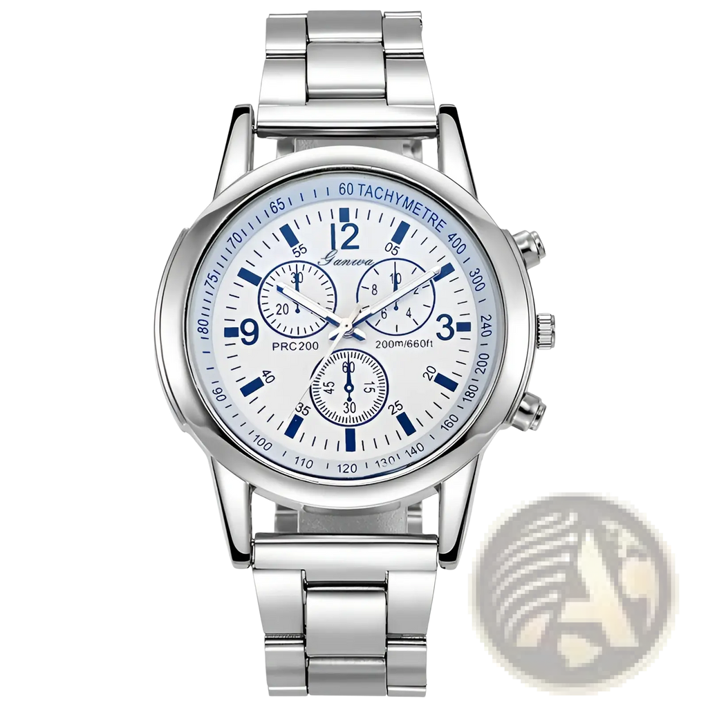 Silver stainless steel quartz chronograph watch with white dial, blue hour markers, hands, and three subdials