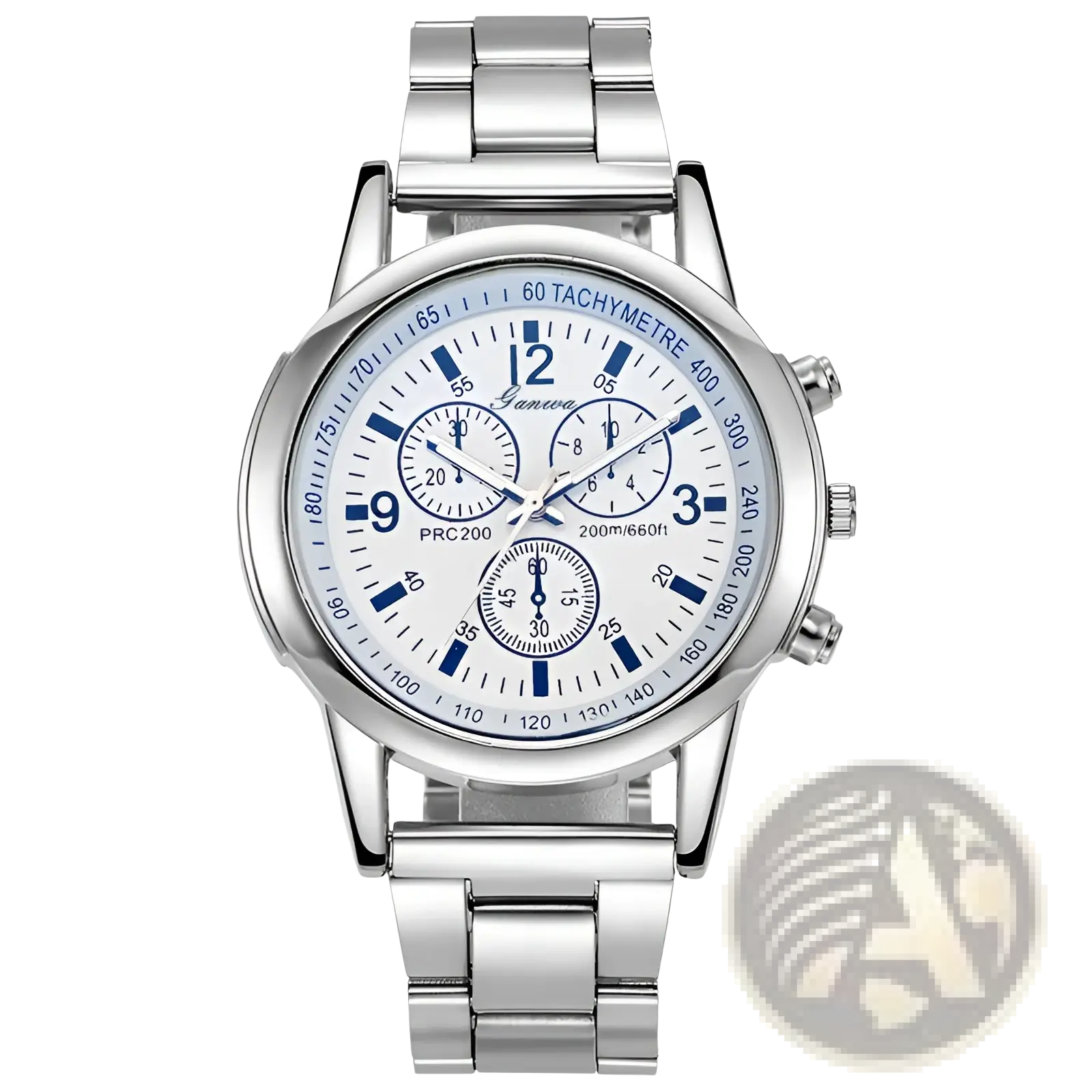 Silver stainless steel quartz chronograph watch with white dial, blue hour markers, hands, and three subdials