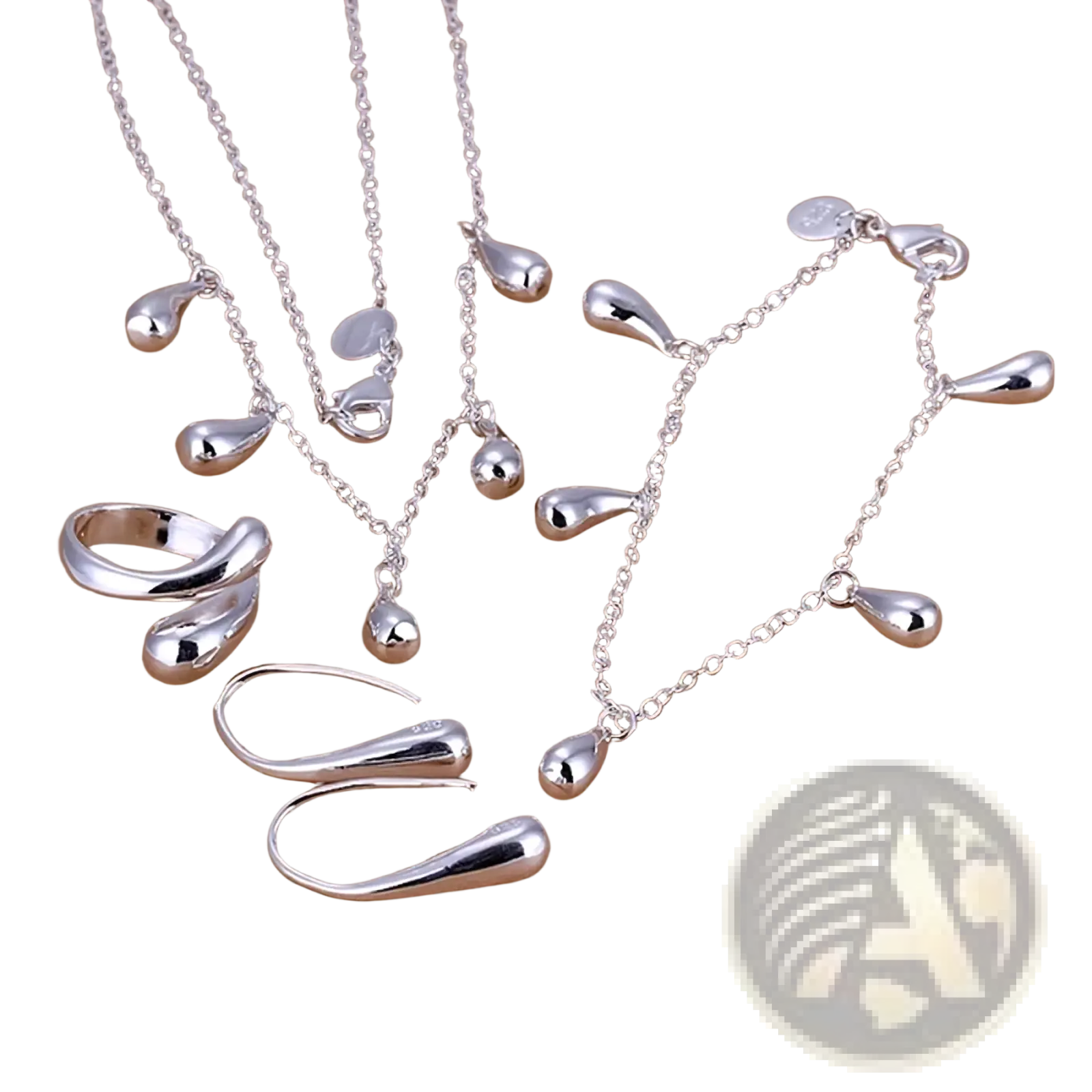 Silver teardrop bridal jewelry set 925 sterling featuring delicate chains, elegant swirl ring, and matching earrings