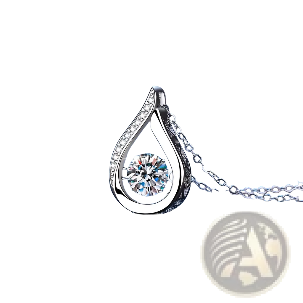 Silver teardrop crystal pave diamond pendant necklace with central round-cut gemstone and smaller sparkling stones