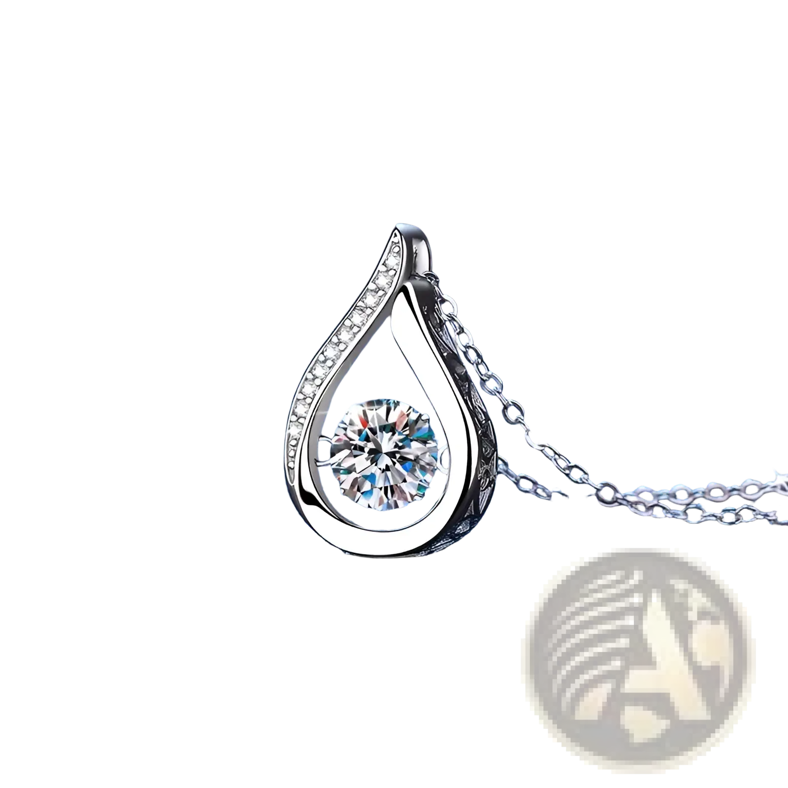 Silver teardrop crystal pave diamond pendant necklace with central round-cut gemstone and smaller sparkling stones