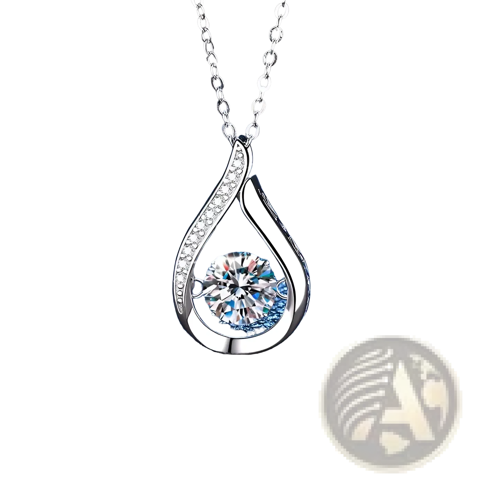 Silver teardrop pendant necklace with a central round-cut crystal and pave-set stones on curved edges