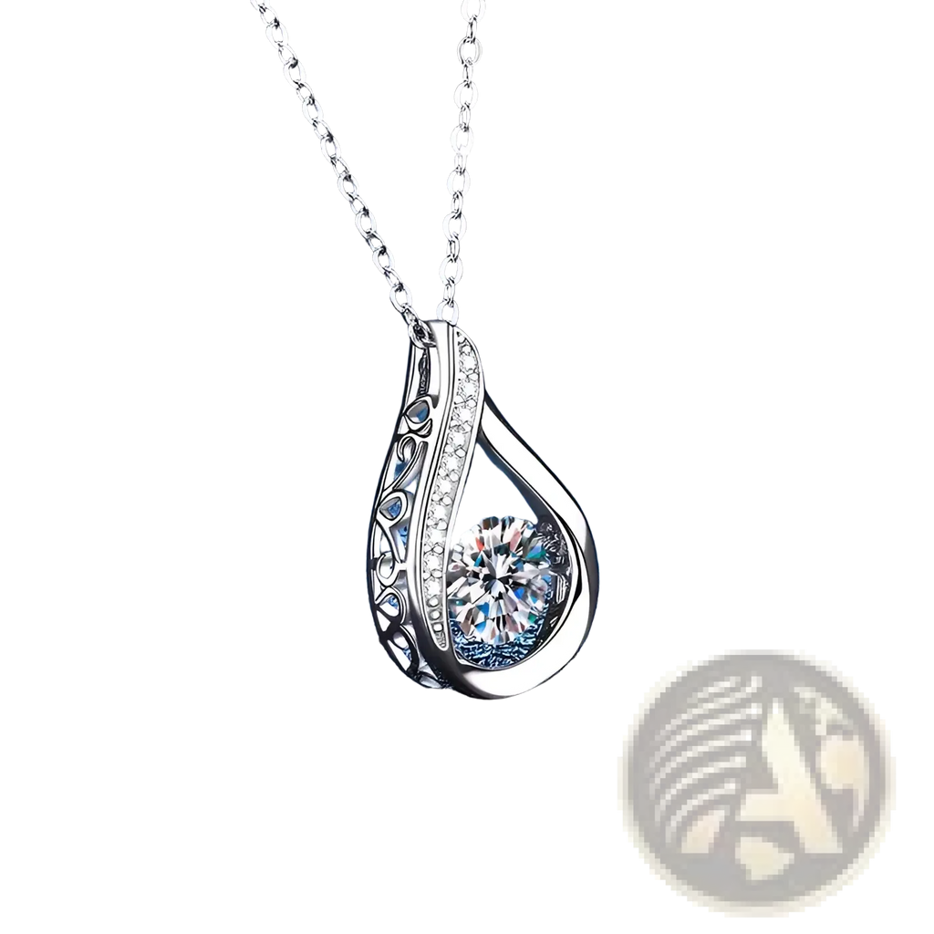 Silver teardrop pendant necklace with a central sparkling diamond and intricate filigree crystal pave accents