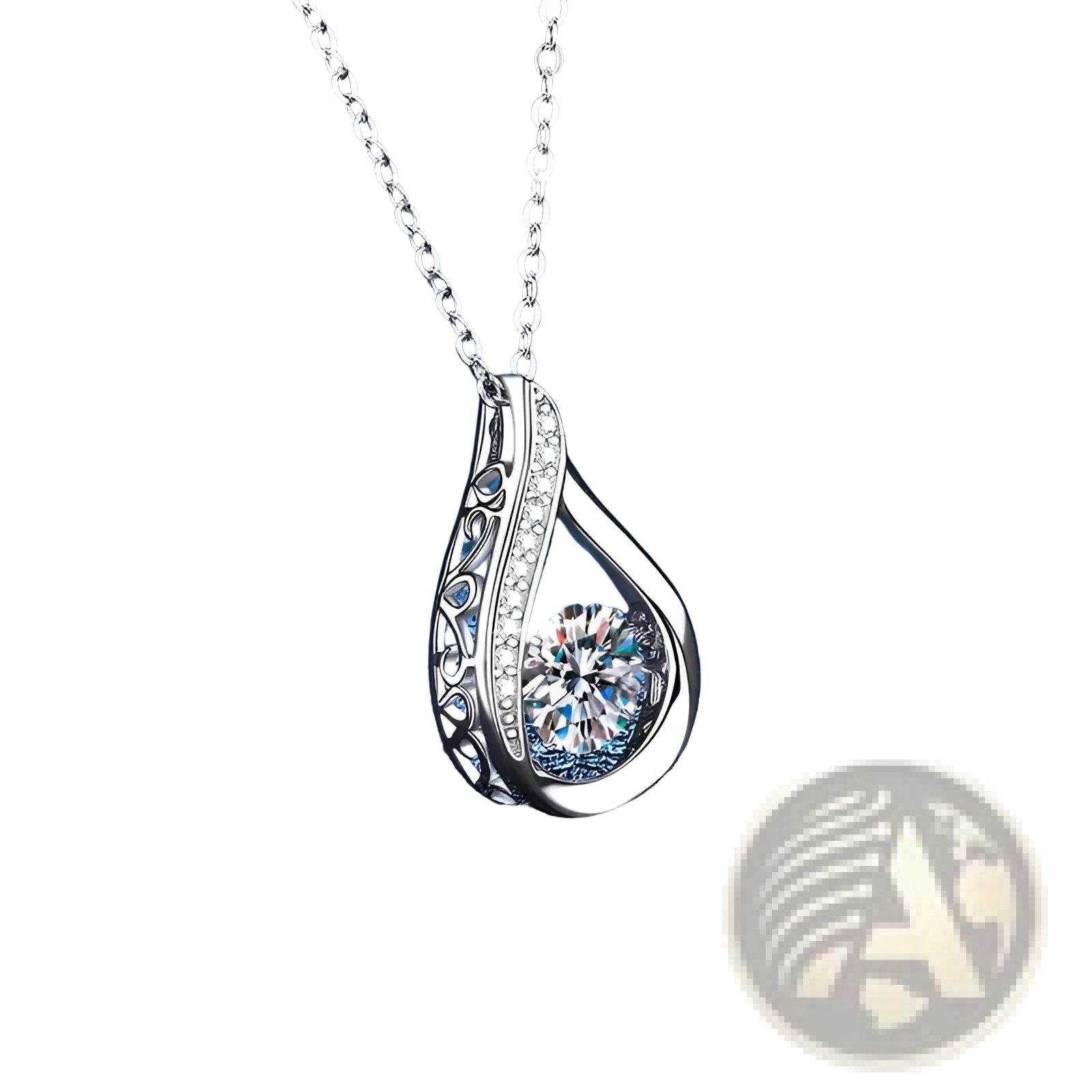 Silver teardrop pendant necklace with a central sparkling diamond and intricate filigree crystal pave accents