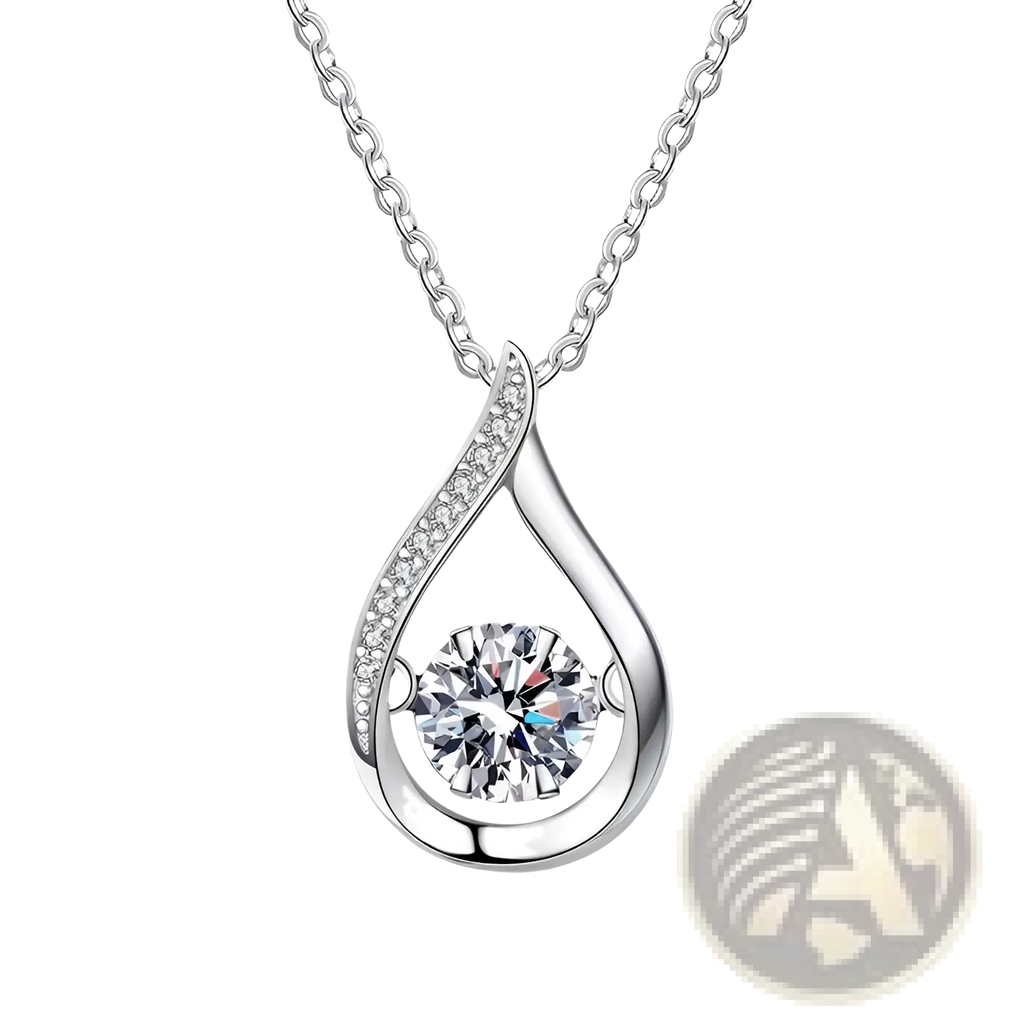 Silver teardrop pendant necklace with a central round-cut clear gemstone and pave-set crystal diamonds along edges