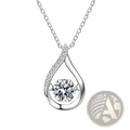 Silver teardrop pendant necklace with a central round-cut clear gemstone and pave-set crystal diamonds along edges