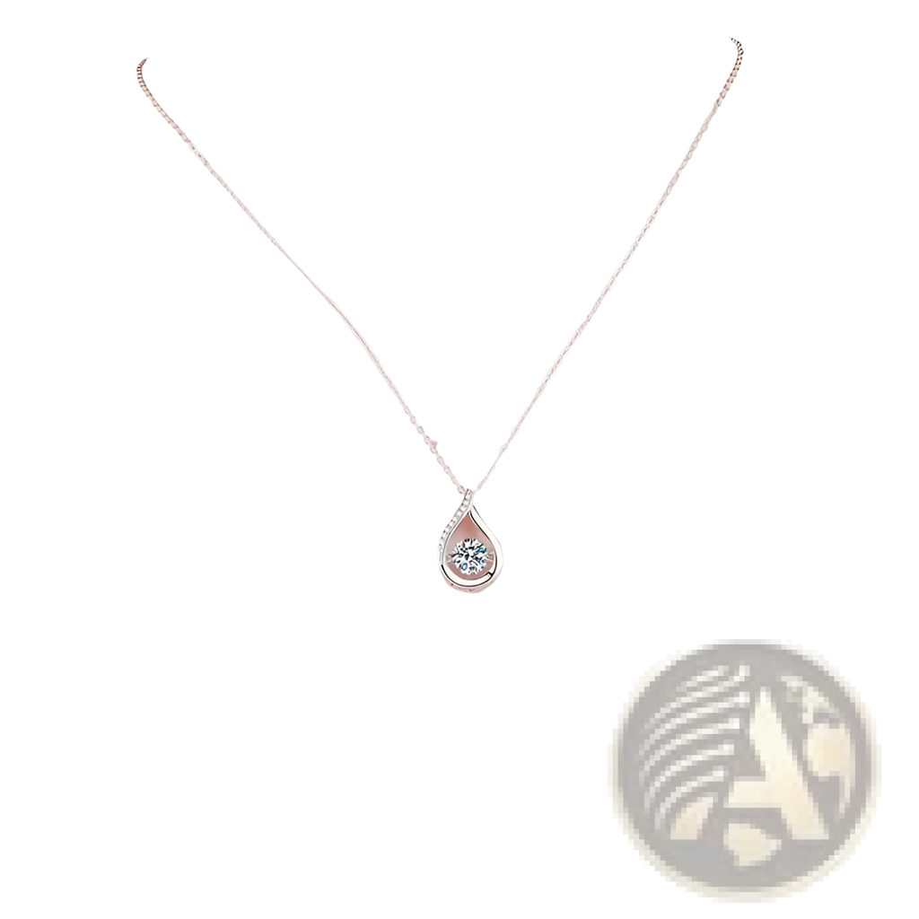 Silver teardrop pendant necklace with clear central gemstone and sparkling crystal pave diamonds on silver chain