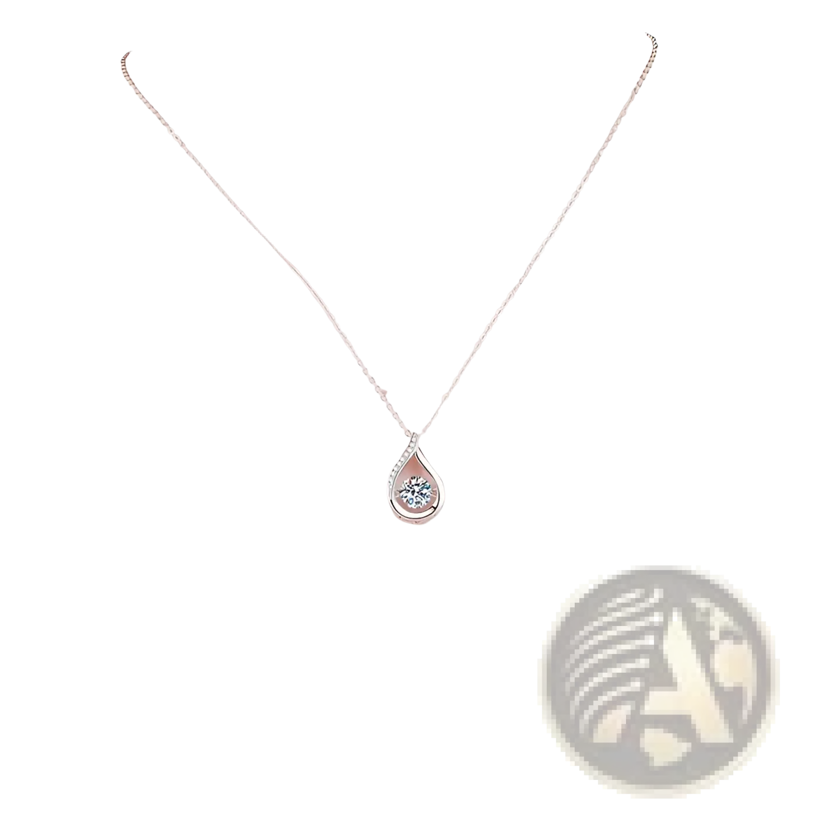 Silver teardrop pendant necklace with clear central gemstone and sparkling crystal pave diamonds on silver chain