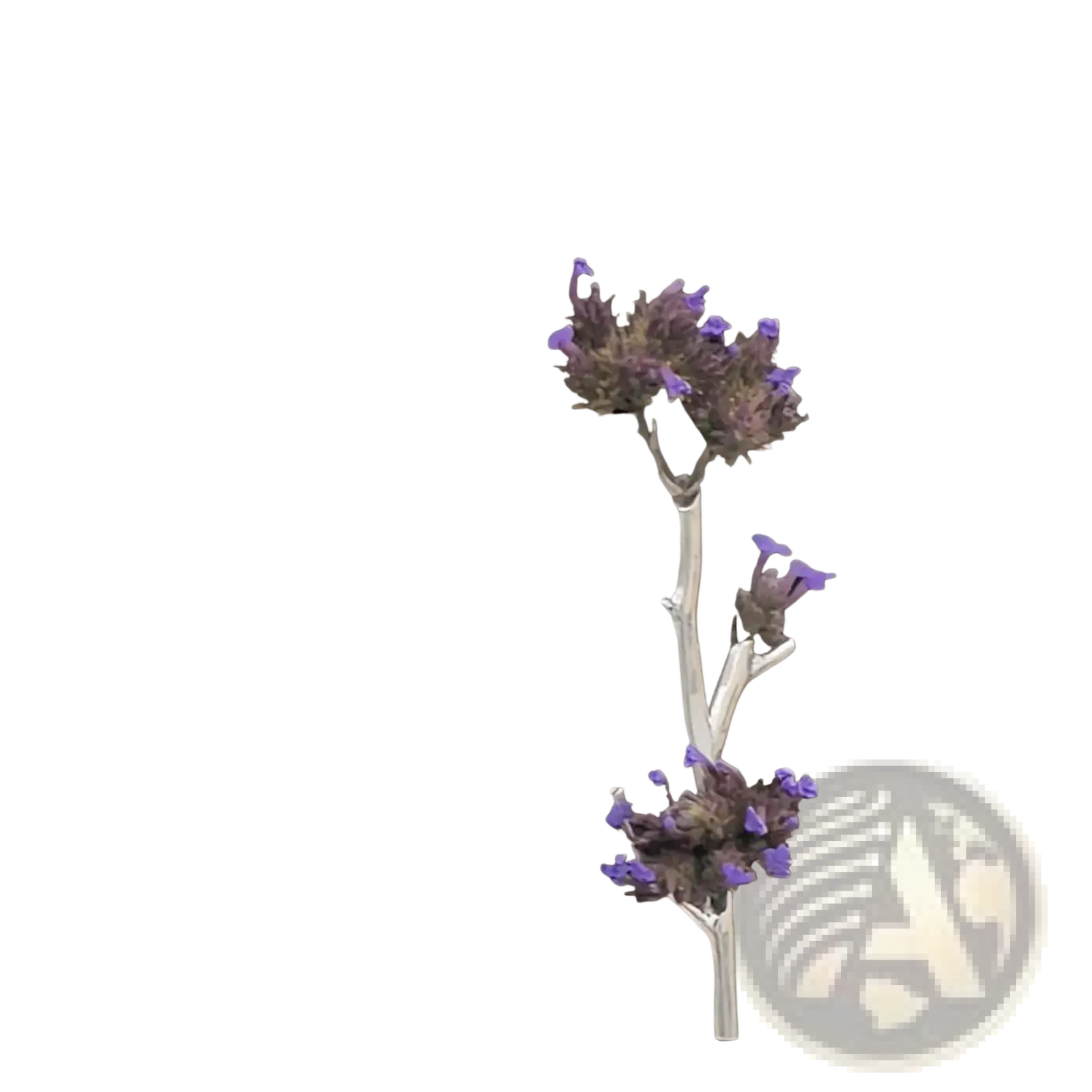 Silver tree branch brooch pin featuring delicate silver stems and clustered purple lavender blossoms for fashion corsage use