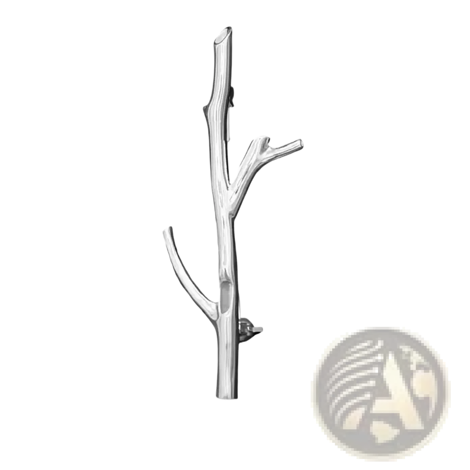 Silver tree branch brooch pin featuring an intricate silver metallic branch-shaped design with polished finish