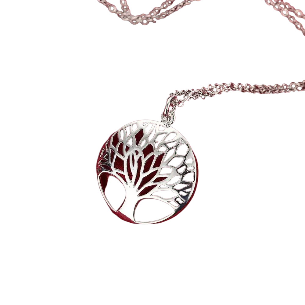 Silver tree of life pendant necklace in 925 sterling silver with intricate cut-out design and delicate chain