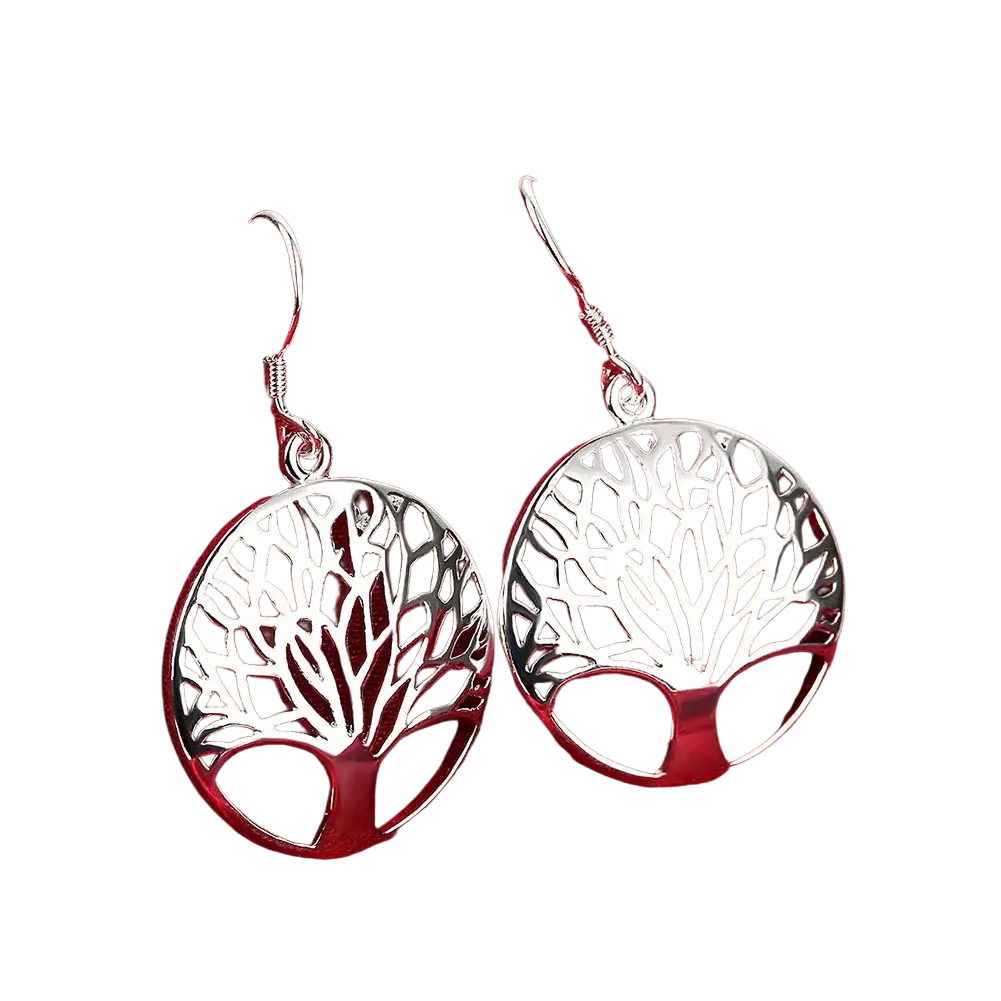 Silver tree of life earrings with intricate cut-out branches and polished finish in 925 sterling silver
