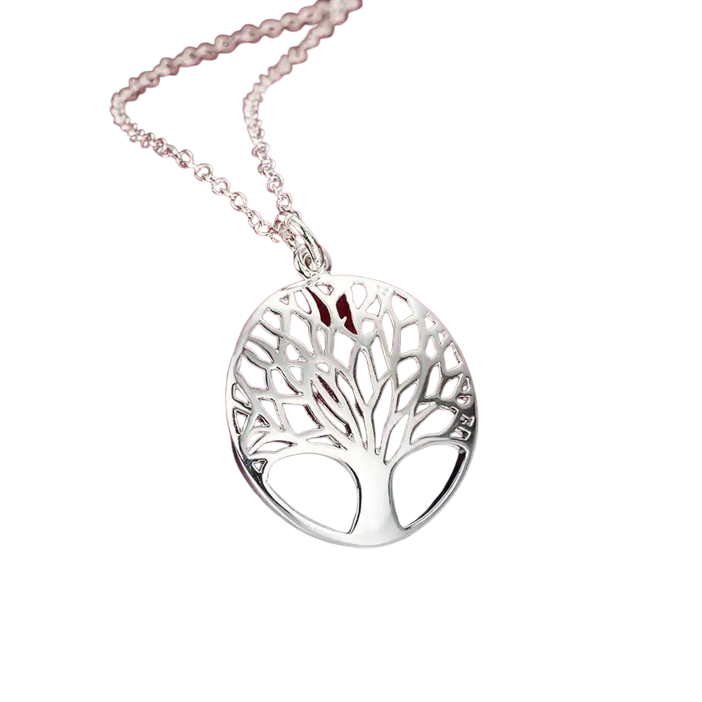 Silver tree of life pendant necklace in 925 sterling silver with intricate cut-out design and delicate chain