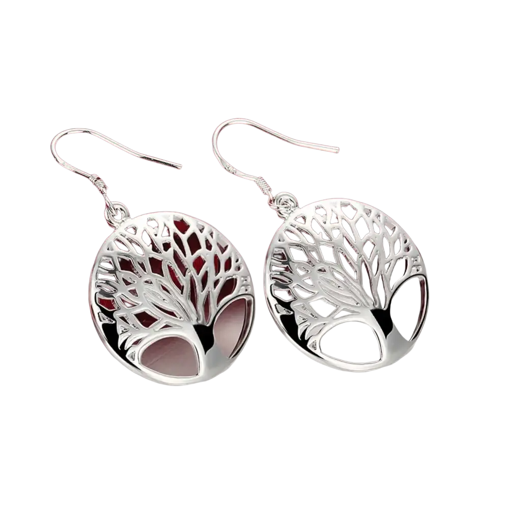 Silver tree of life earrings with intricate cut-out design in 925 sterling silver and hook clasps
