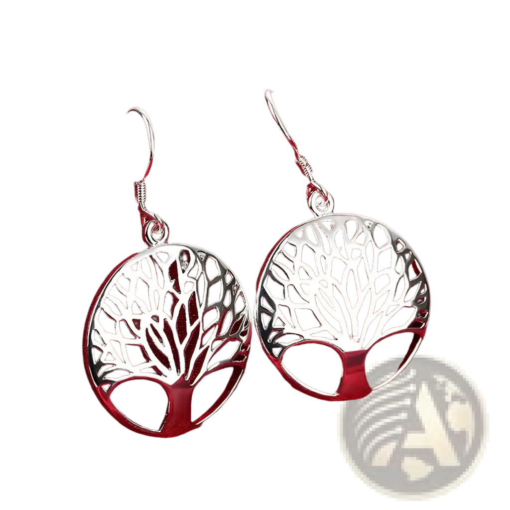Silver tree of life earrings with intricate cut-out branches and polished finish in 925 sterling silver
