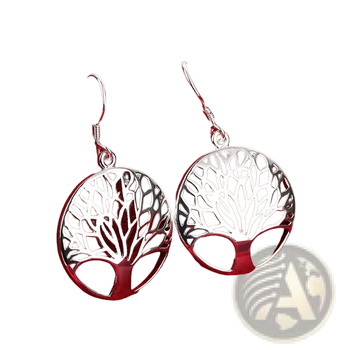 Silver tree of life earrings with intricate cut-out branches and polished finish in 925 sterling silver