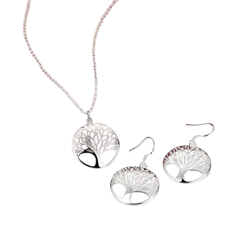 Silver tree of life pendant necklace and matching earrings set in 925 sterling silver with intricate filigree detailing