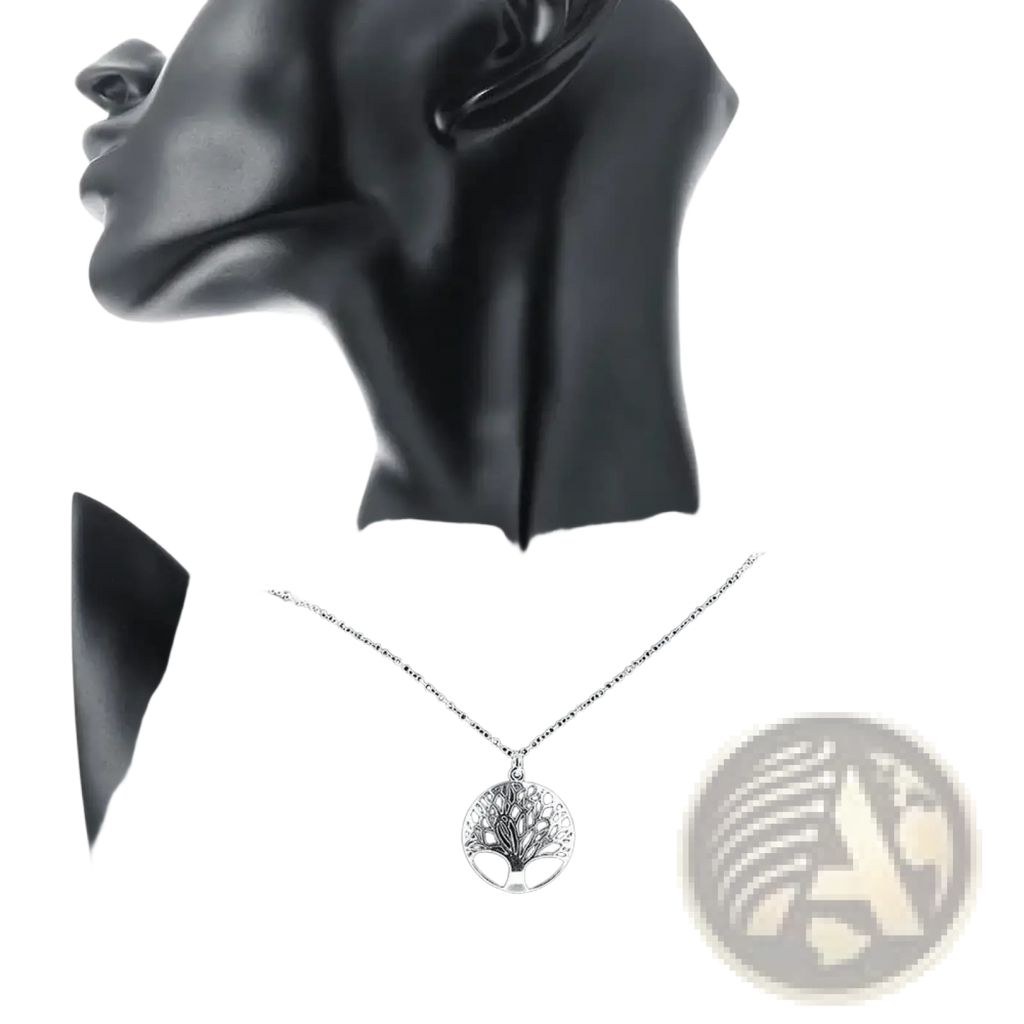 Silver tree of life pendant necklace in 925 sterling silver with intricate filigree design on a delicate chain