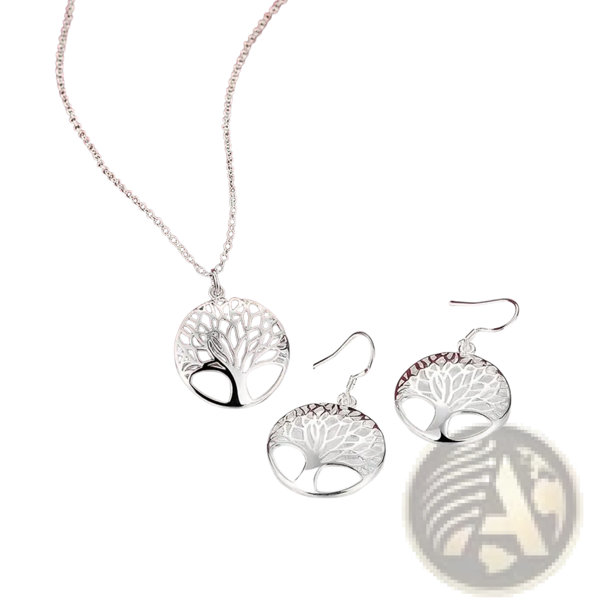 Silver tree of life pendant necklace and matching earrings set in 925 sterling silver with intricate filigree detailing