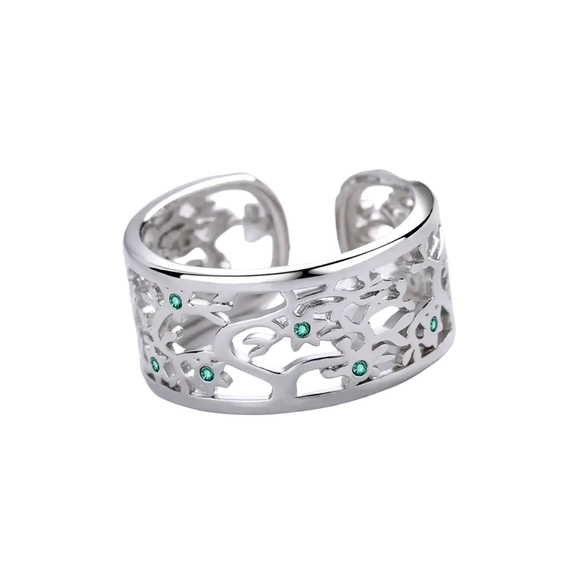 Silver tree of life open ring with intricate filigree design and green zircon gemstones by jexxi sterling silver
