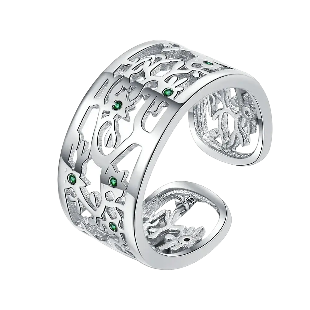 Silver tree of life open band ring with intricate filigree design and embedded green zircon gemstones in sterling silver