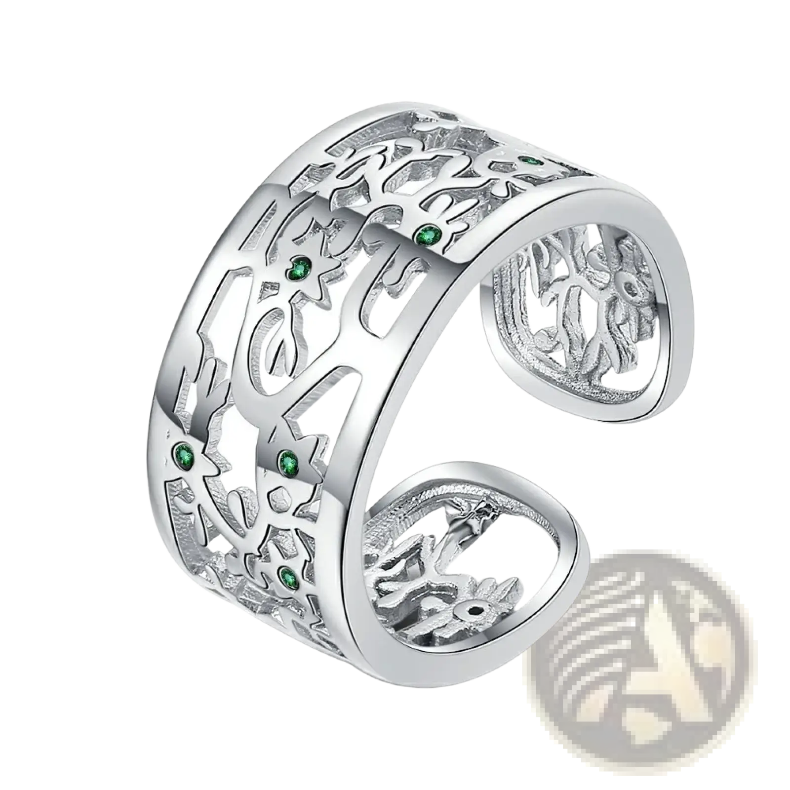 Silver tree of life open band ring with intricate filigree design and embedded green zircon gemstones in sterling silver