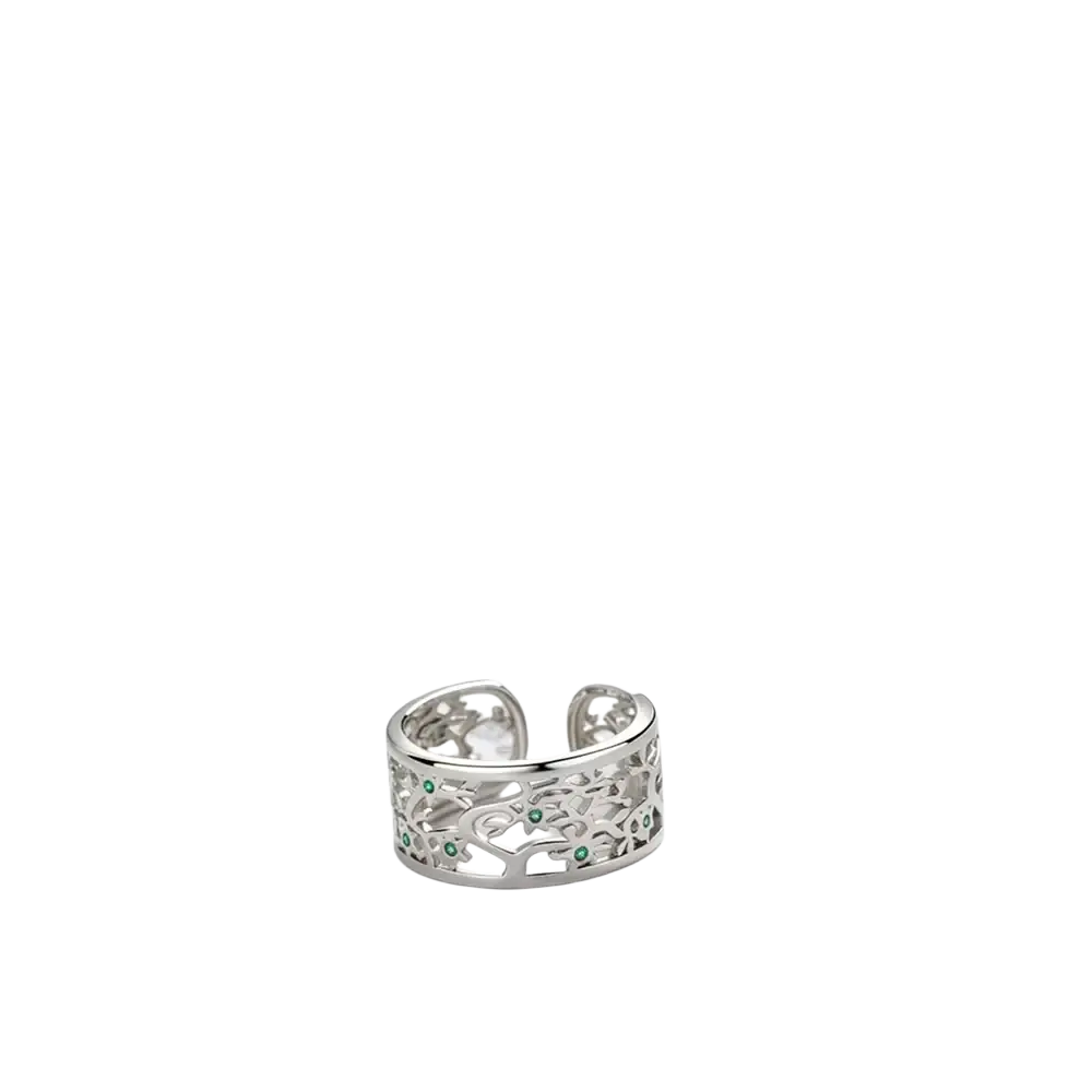 Silver open cuff bracelet with intricate filigree design and green gemstones in sterling zircon tree of life style