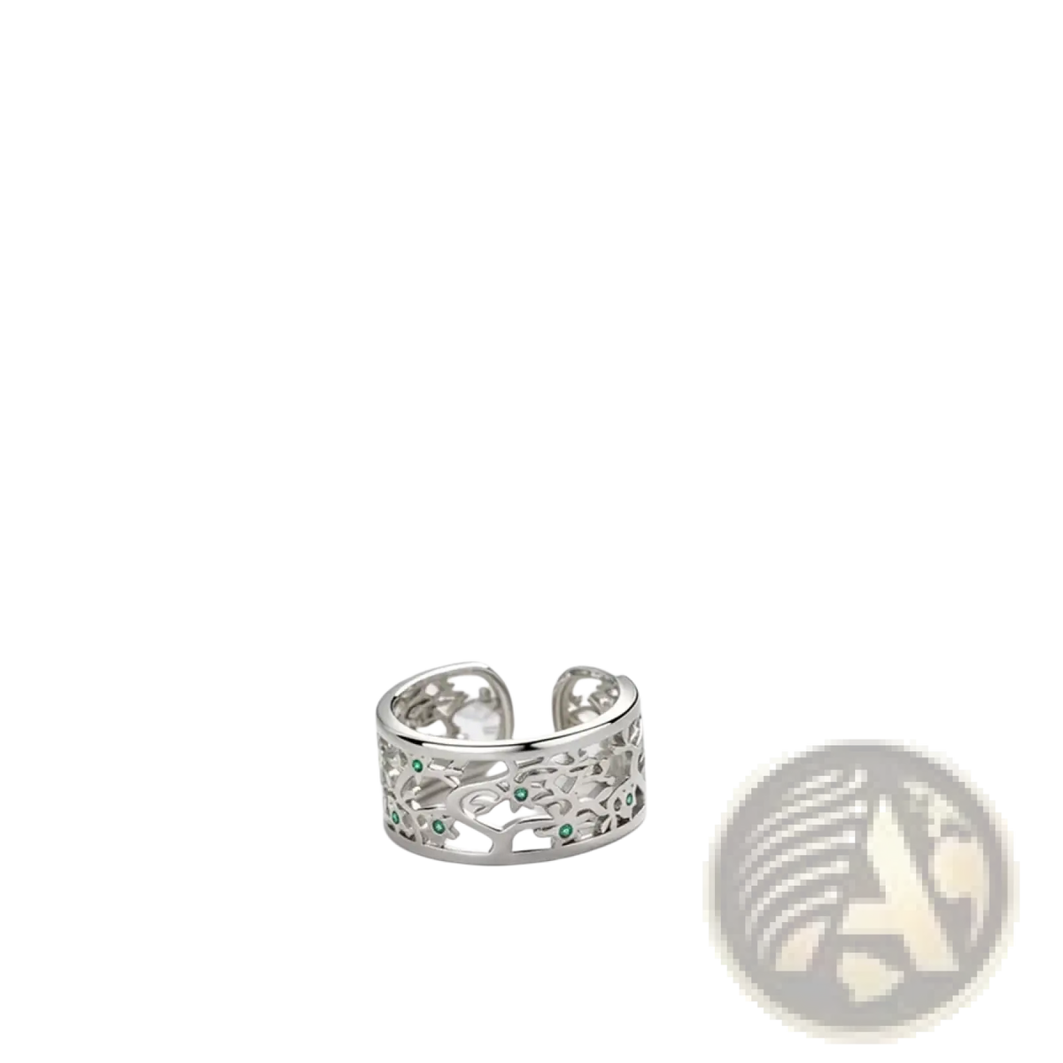 Silver open cuff bracelet with intricate filigree design and green gemstones in sterling zircon tree of life style