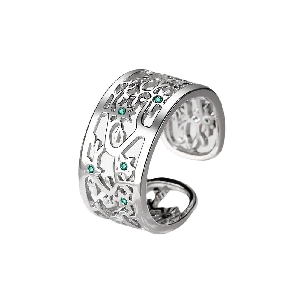 Silver tree of life open ring in sterling silver with green zircon gemstones and intricate filigree detailing