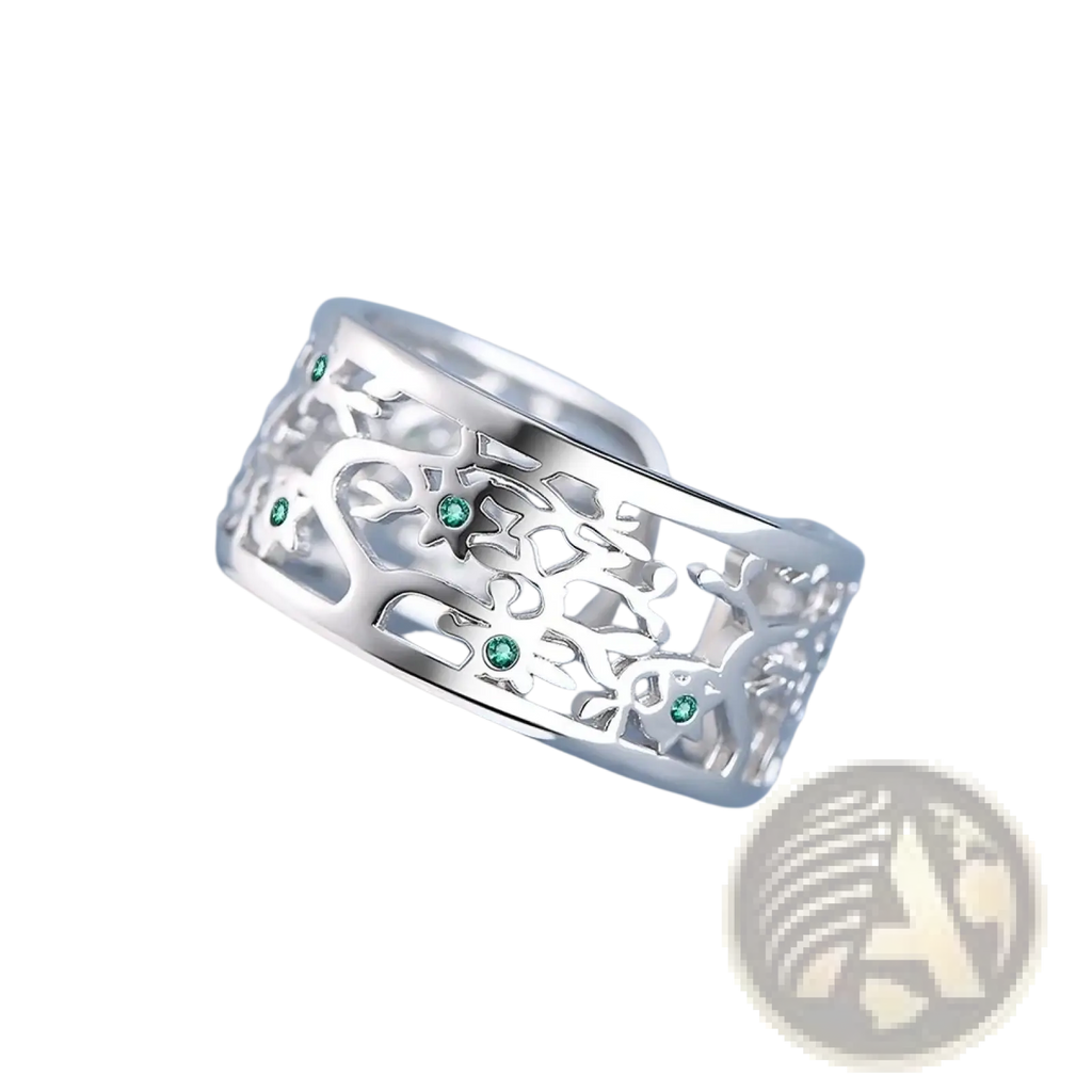 Silver tree of life open ring in sterling silver with green zircon gemstones by Jexxi