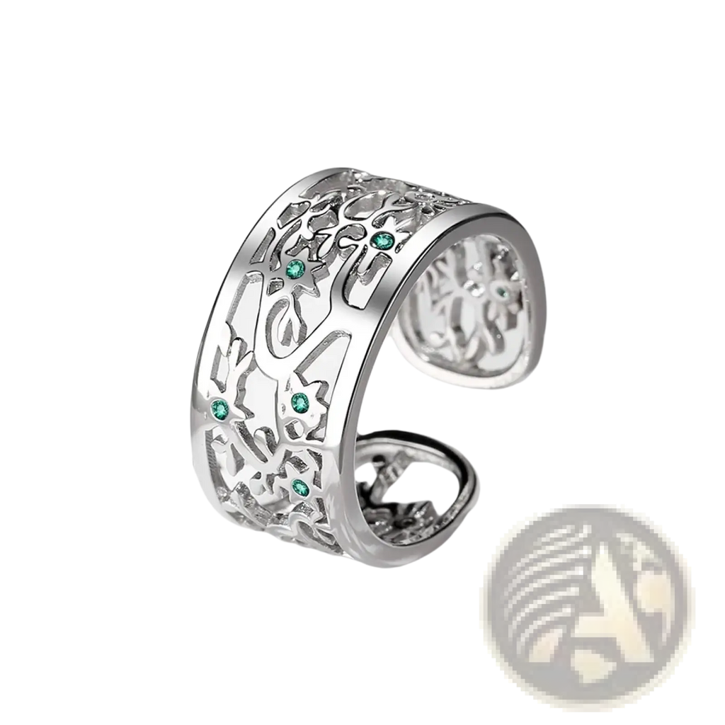 Silver tree of life open ring in sterling silver with green zircon gemstones and intricate filigree detailing