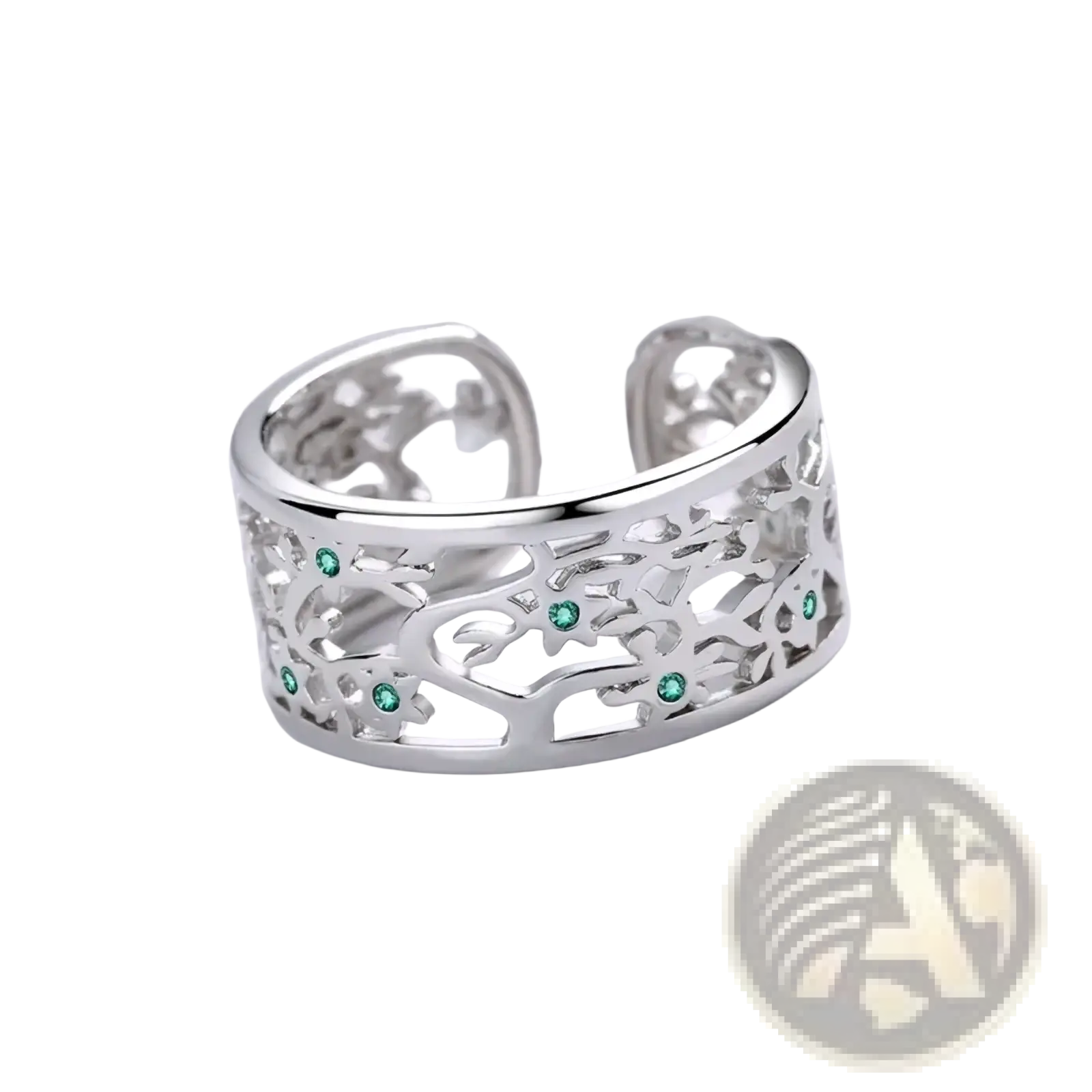 Silver tree of life open ring with intricate filigree design and green zircon gemstones by jexxi sterling silver
