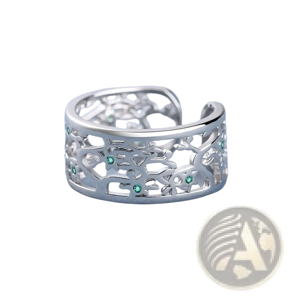 Silver tree of life open ring in sterling silver with intricate floral cutout design and green zircon gemstones