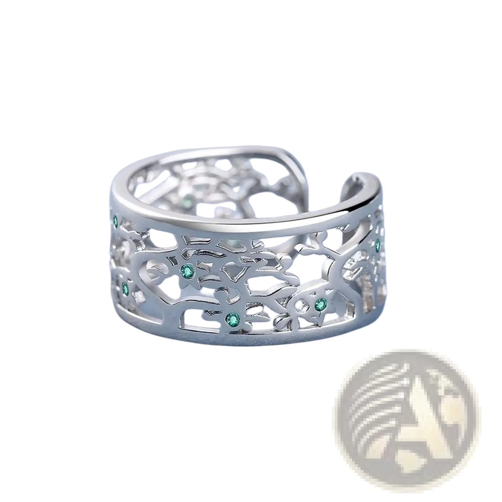 Silver tree of life open ring in sterling silver with intricate floral cutout design and green zircon gemstones