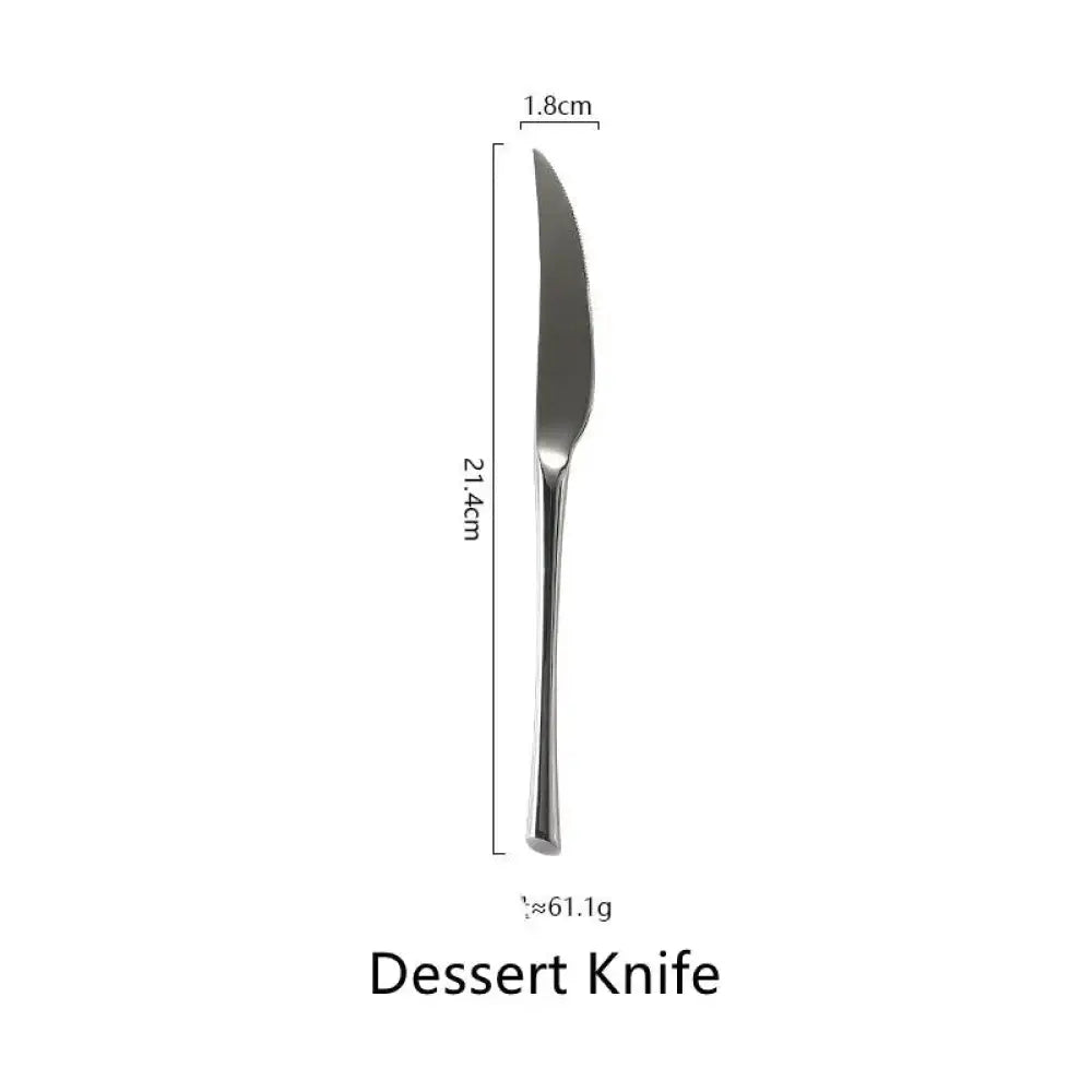A sleek stainless steel dessert knife with polished finish and slender handle from the polished silver western cutlery set
