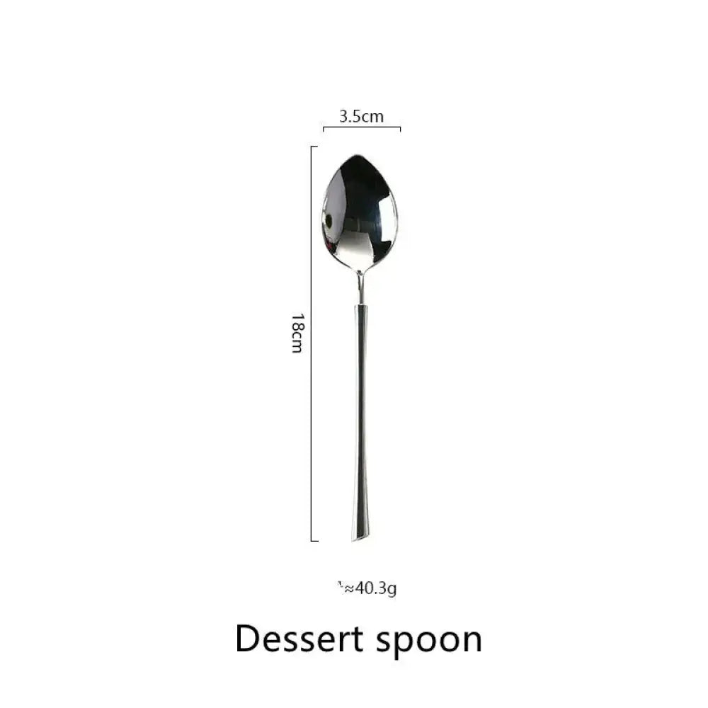 A sleek 18cm polished silver dessert spoon with a slender handle from a western stainless steel cutlery set
