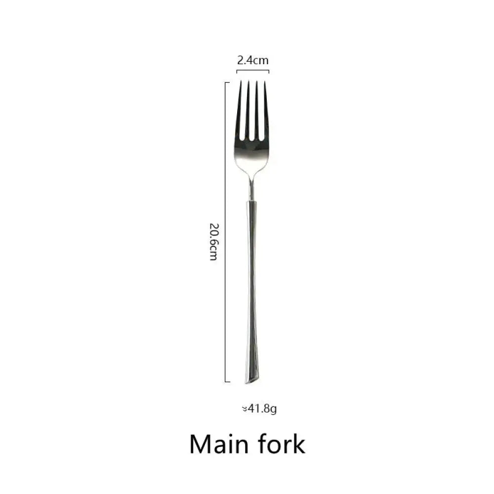 A polished silver western stainless steel main fork with sleek modern design and precise measurements
