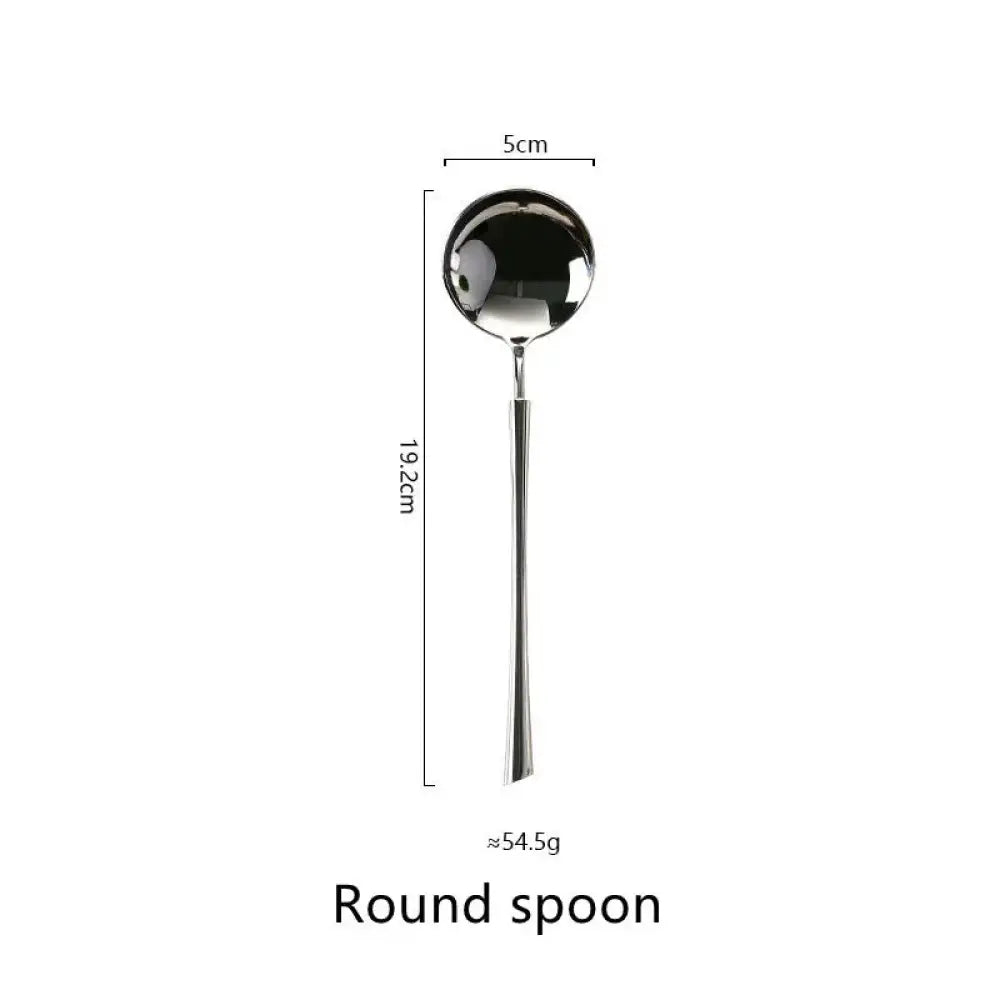 A sleek modern round spoon with polished silver finish and slender handle from western stainless steel cutlery set