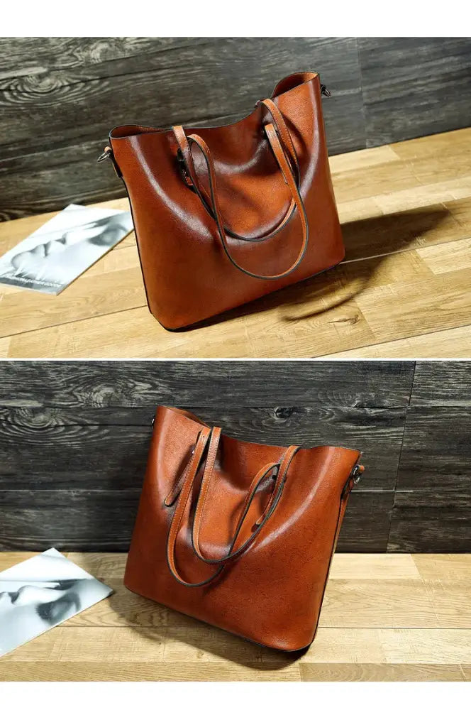 A vintage oil wax leather tote and shoulder bag in rich caramel with soft wrinkled texture and matching handles
