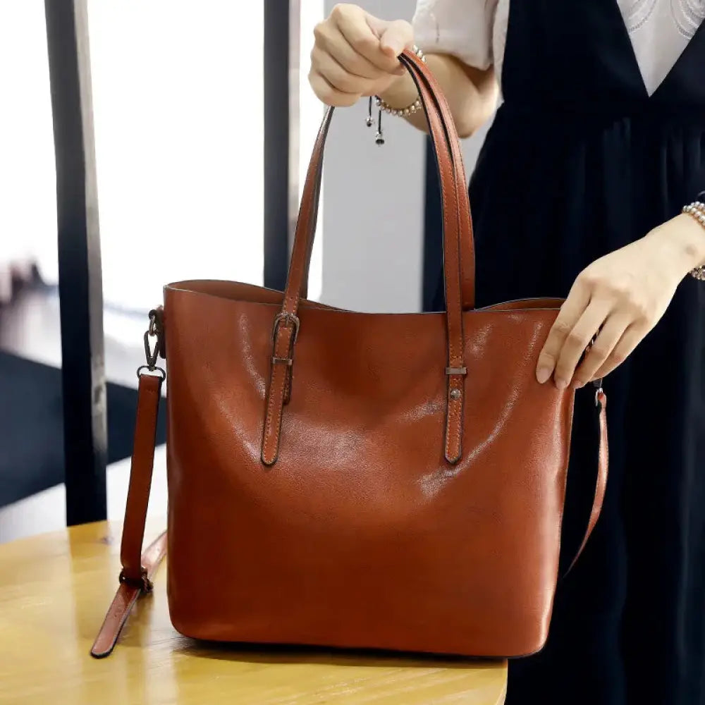 Brown vintage oil wax leather tote and shoulder bag with top handles and detachable shoulder strap