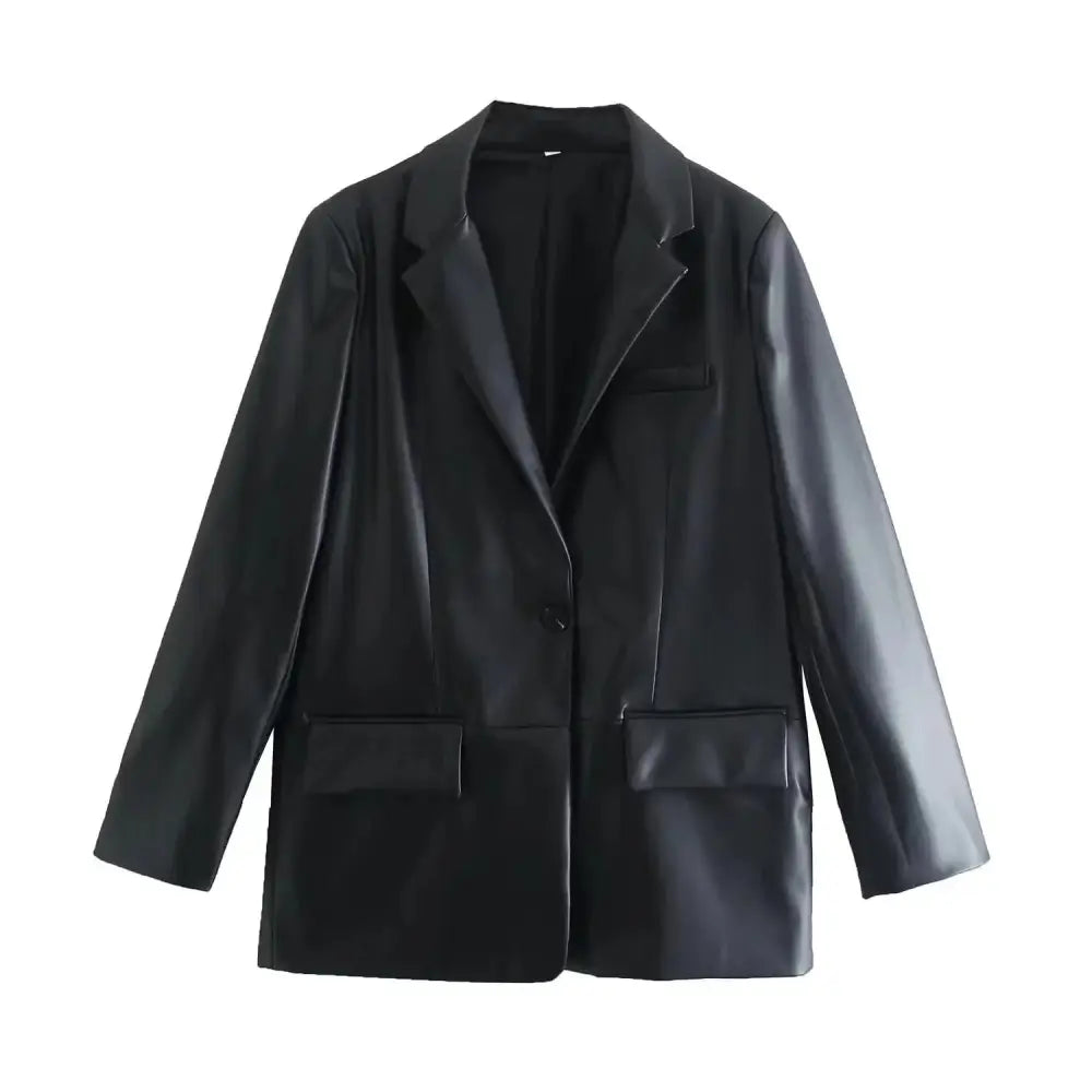 Women’s straight brown faux leather blazer with sleek minimalist design and two front flap pockets