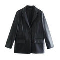 Women’s straight brown faux leather blazer with sleek minimalist design and two front flap pockets