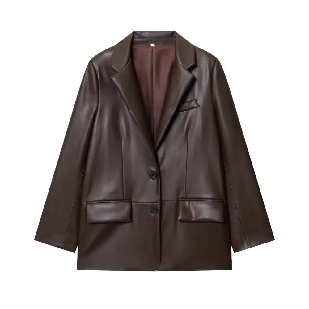 A women’s straight brown faux leather blazer with a sleek design structured collar and two front pockets