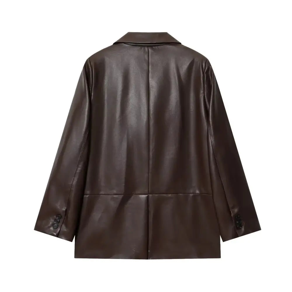 Women’s straight brown faux leather blazer showing the back side with structured design and seam detailing