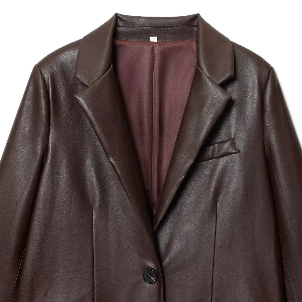 Women’s straight brown faux leather blazer with subtle sheen and contrasting burgundy lining for formal wear